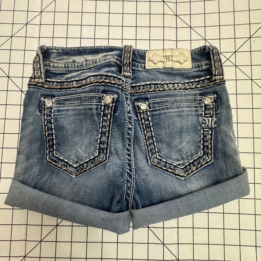 Miss Me Hailey Skinny Denim Shorts Medium Wash Rhinestone Cuffed Size 24 LowRise